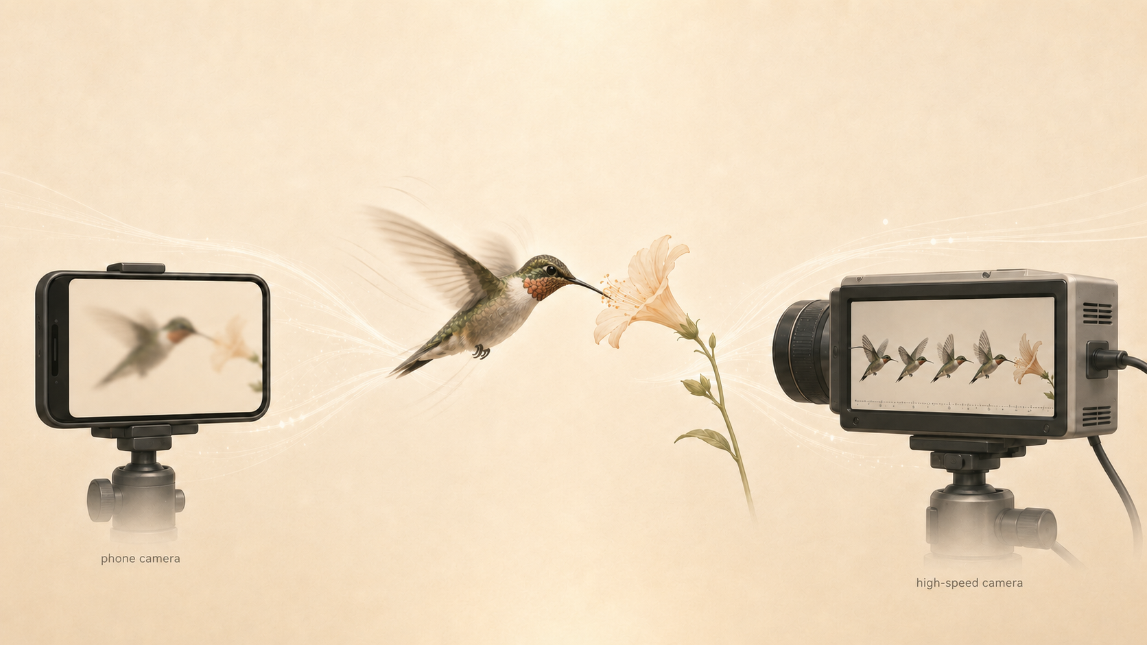 The same hummingbird recorded as a blur by a phone camera and as distinct wing positions by a high-speed camera