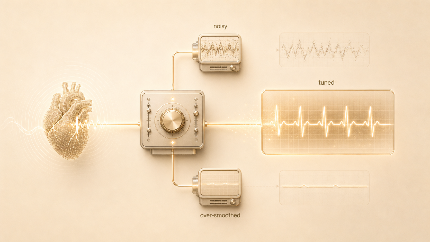 A heart monitor producing noisy, tuned, and over-smoothed records from the same underlying heartbeat