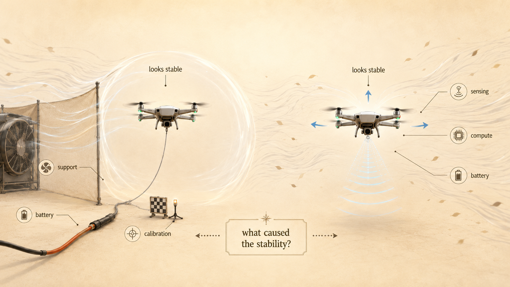 Two apparently stable drones with different hidden supports, sensing, computation, calibration, and energy burdens
