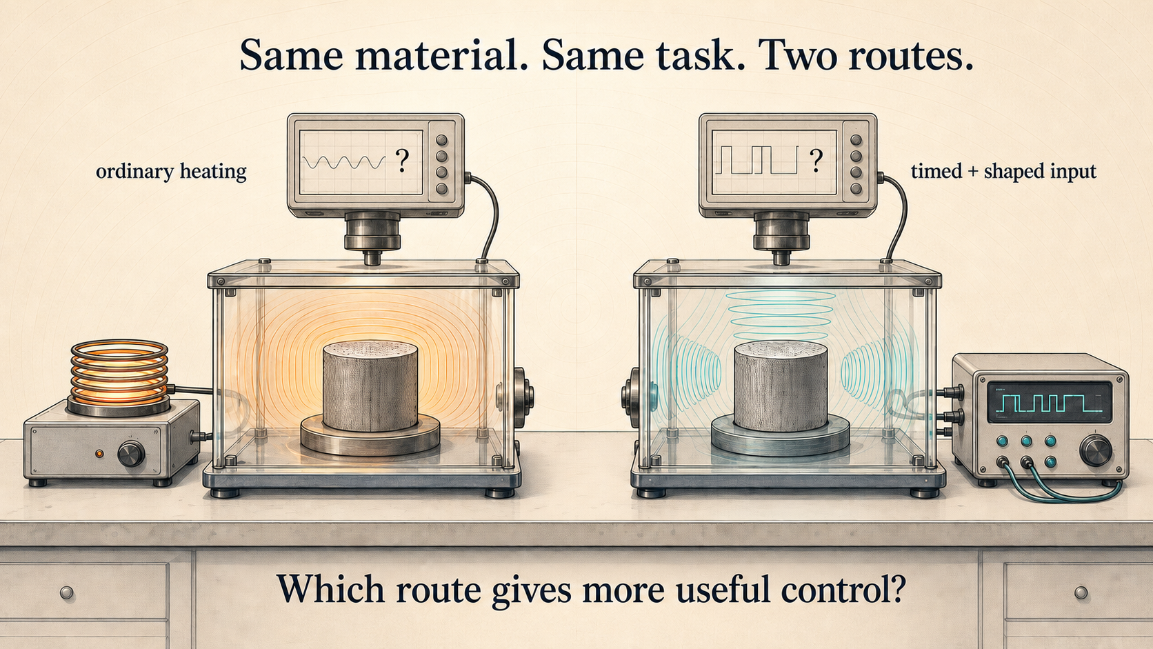 Two matched laboratory setups compare ordinary heating with a timed and shaped input on identical material samples while leaving the result unresolved